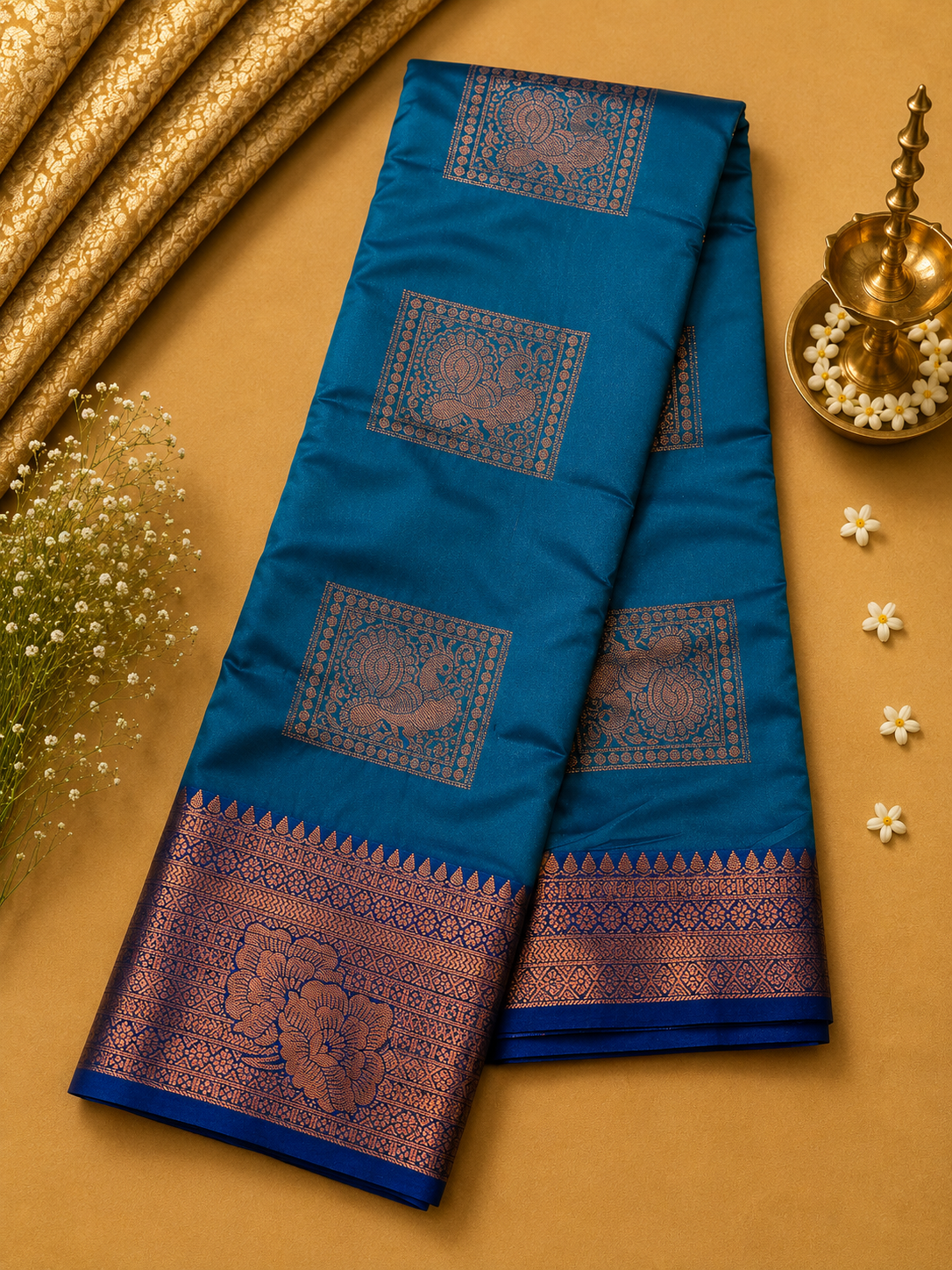 Turquoise Blue Soft Pattu Silk Saree with Floral Zari Border & Blouse