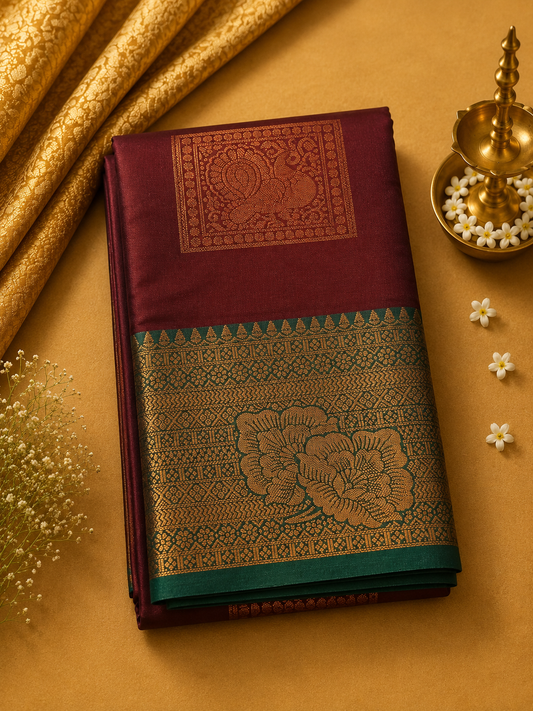 Maroon Soft Pattu Silk Saree with Floral Zari Border & Blouse