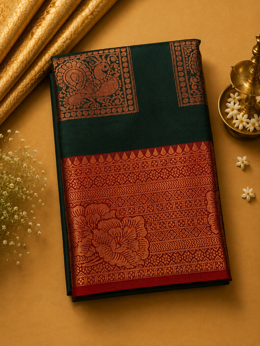 Bottle Green Soft Pattu Silk Saree with Floral Zari Border & Blouse