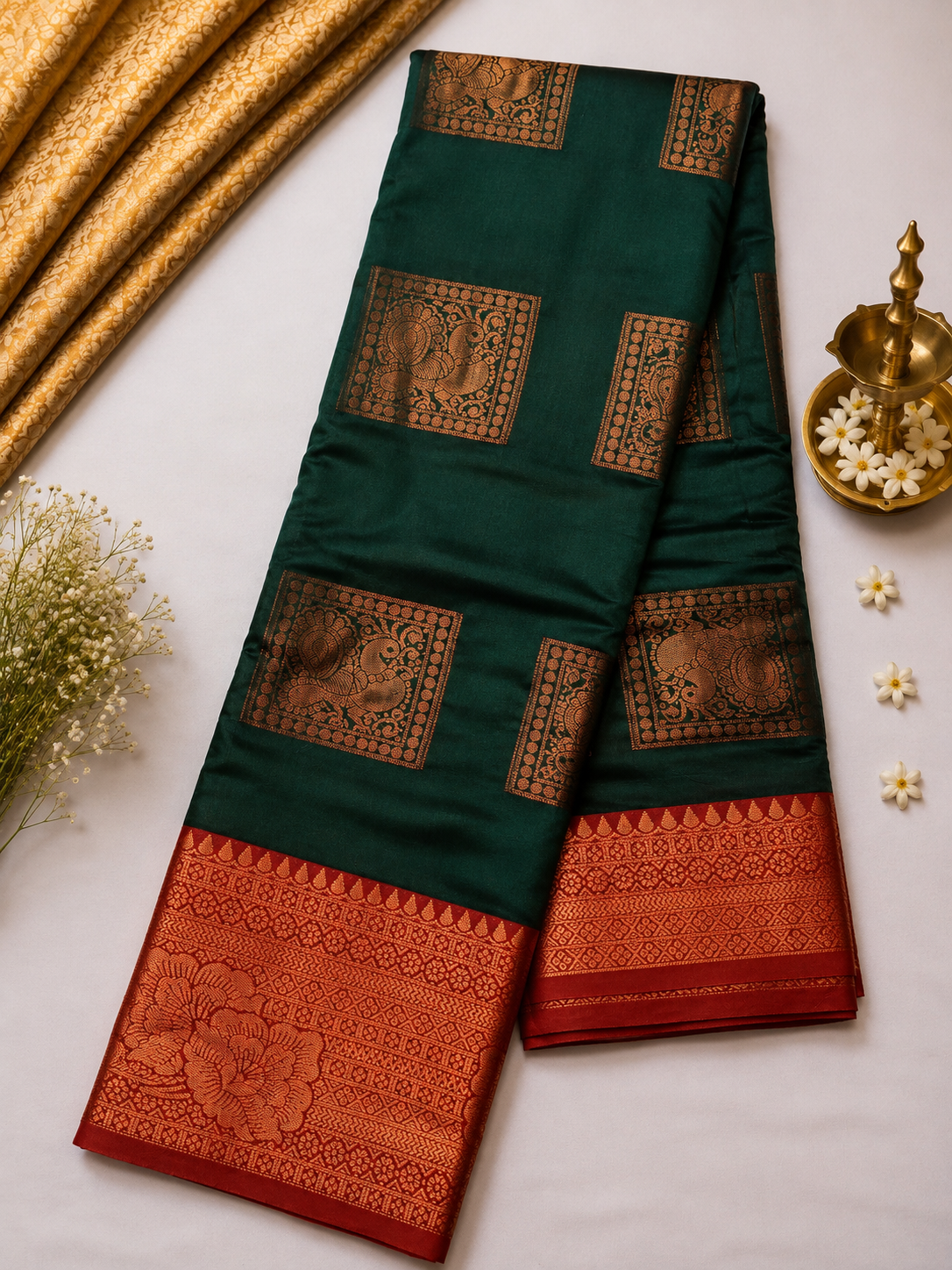 Bottle Green Soft Pattu Silk Saree with Floral Zari Border & Blouse