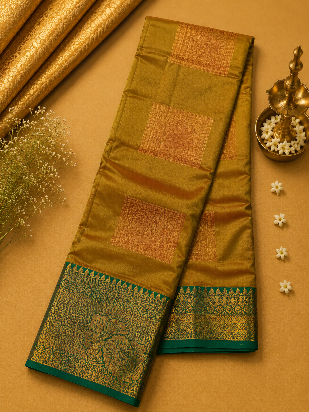 Mustard Gold Soft Pattu Silk Saree with Floral Zari Border & Blouse