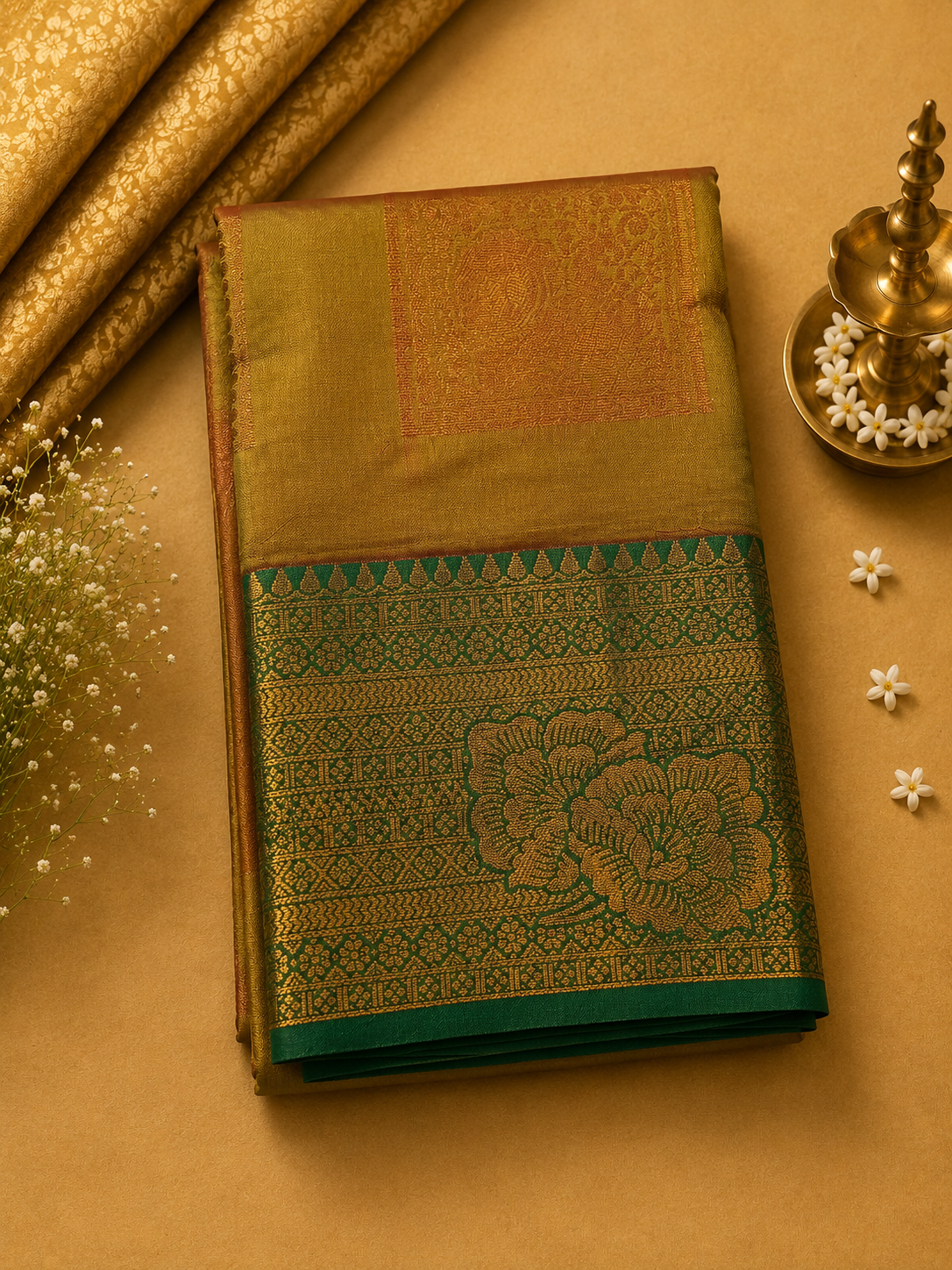 Mustard Gold Soft Pattu Silk Saree with Floral Zari Border & Blouse