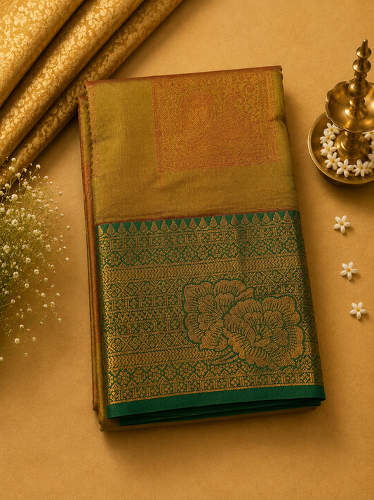 Mustard Gold Soft Pattu Silk Saree with Floral Zari Border & Blouse