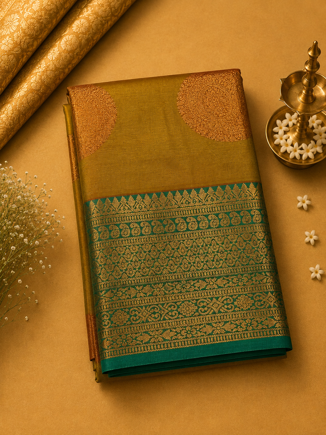 Mustard Gold Soft Pattu Silk Saree with Traditional Zari Border & Blouse