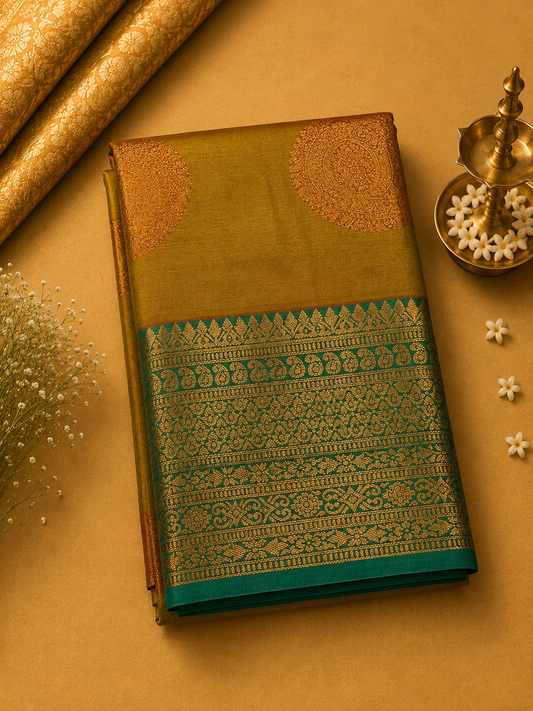 Mustard Gold Soft Pattu Silk Saree with Traditional Zari Border & Blouse
