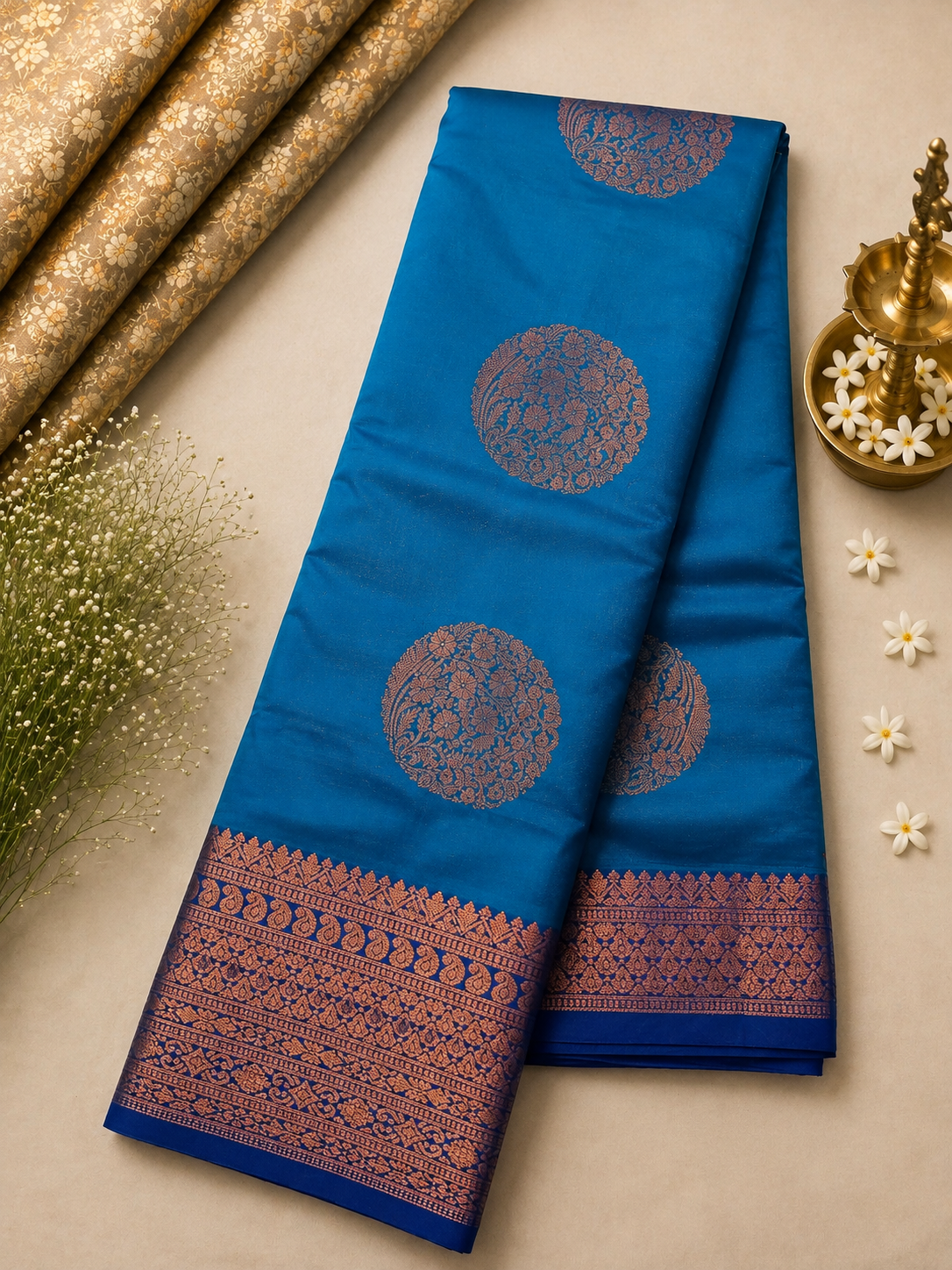 Turquoise Blue Soft Pattu Silk Saree with Traditional Zari Border & Blouse