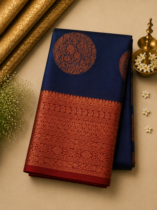 Navy Blue Soft Pattu Silk Saree with Traditional Zari Border & Blouse