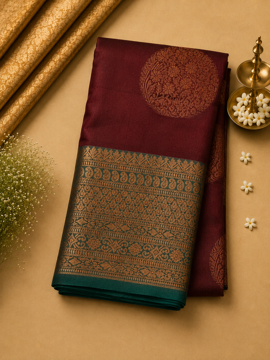Maroon Soft Pattu Silk Saree with Traditional Zari Border & Blouse