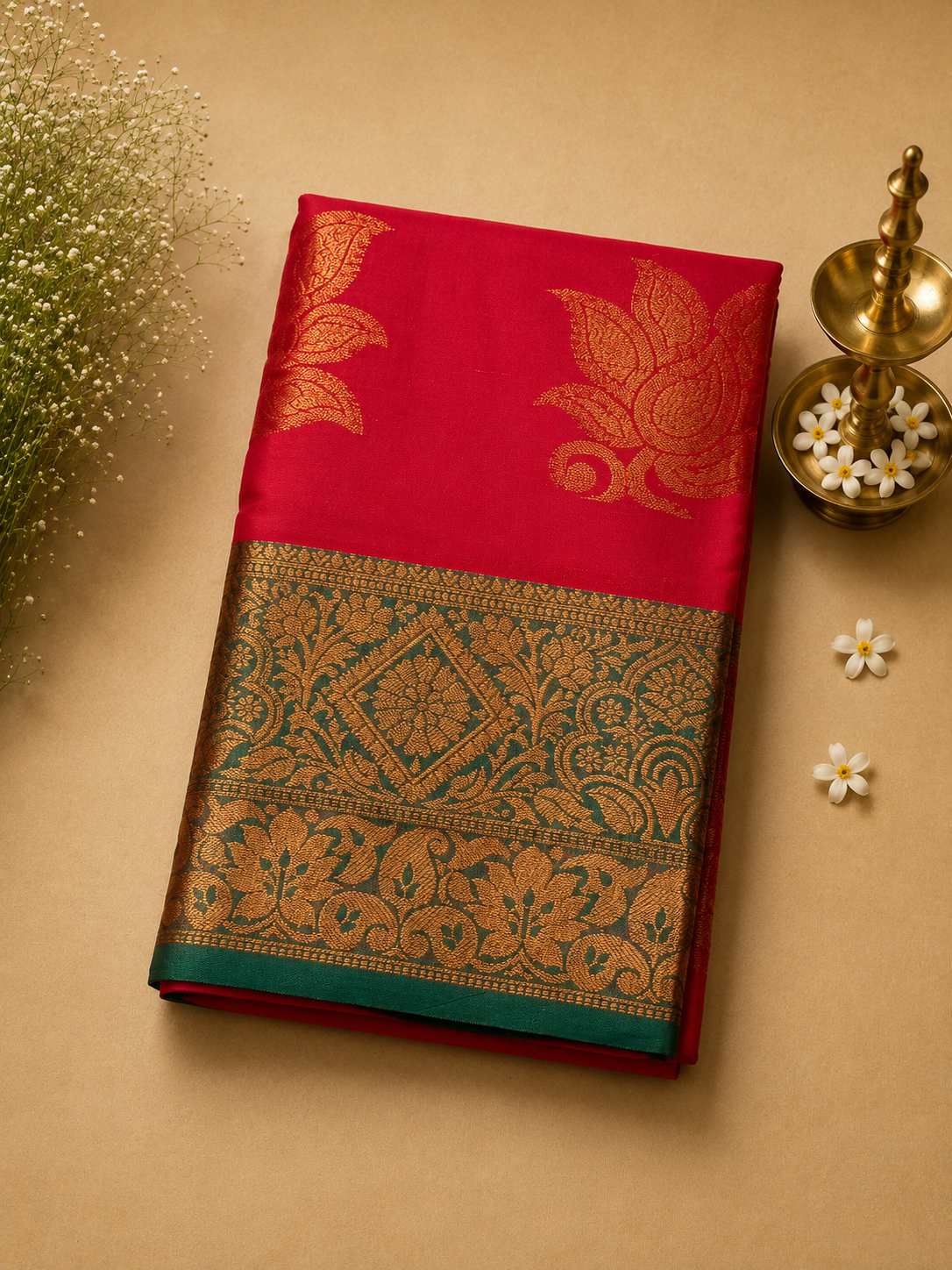 Rani Pink Soft Pattu Silk Saree with Lotus Motif & Zari Border