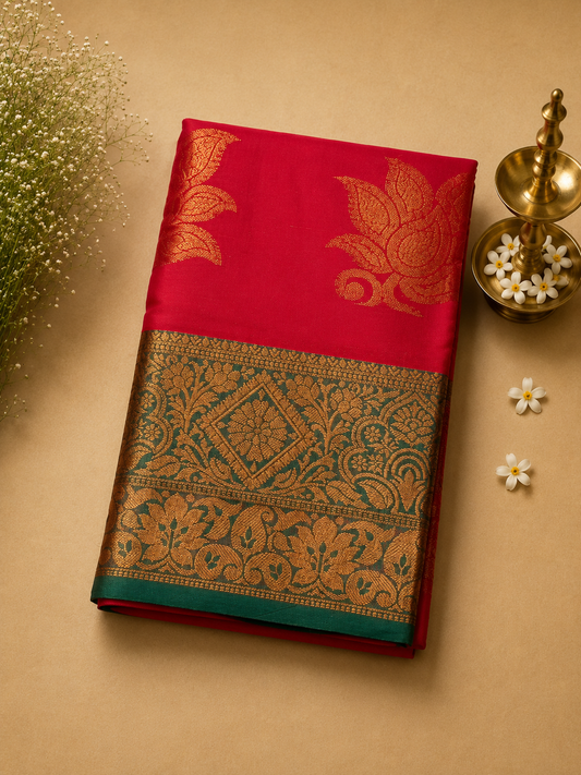 Rani Pink Soft Pattu Silk Saree with Lotus Motif & Zari Border