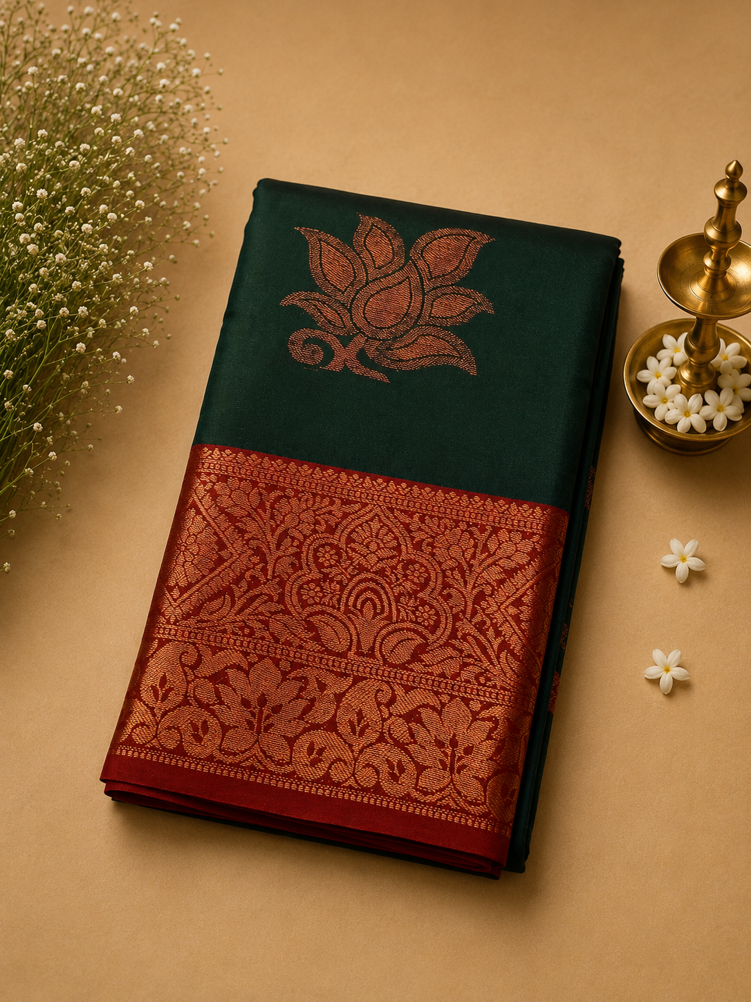 Bottle Green Soft Pattu Silk Saree with Lotus Motif & Zari Border