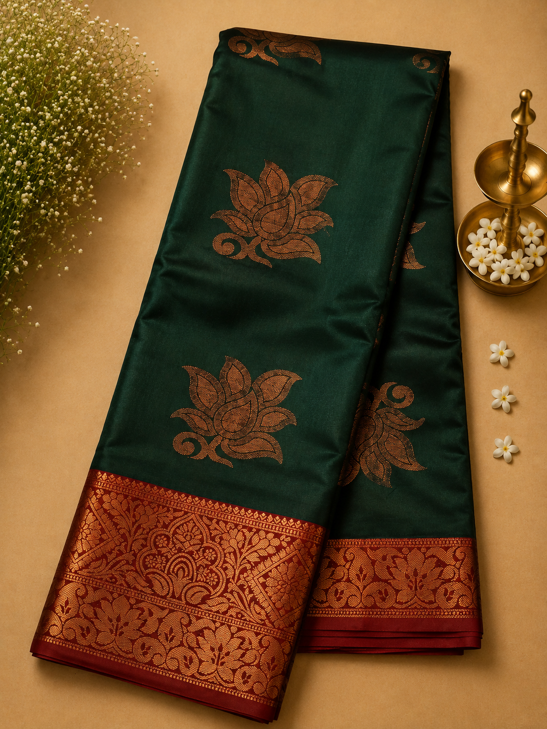 Bottle Green Soft Pattu Silk Saree with Lotus Motif & Zari Border