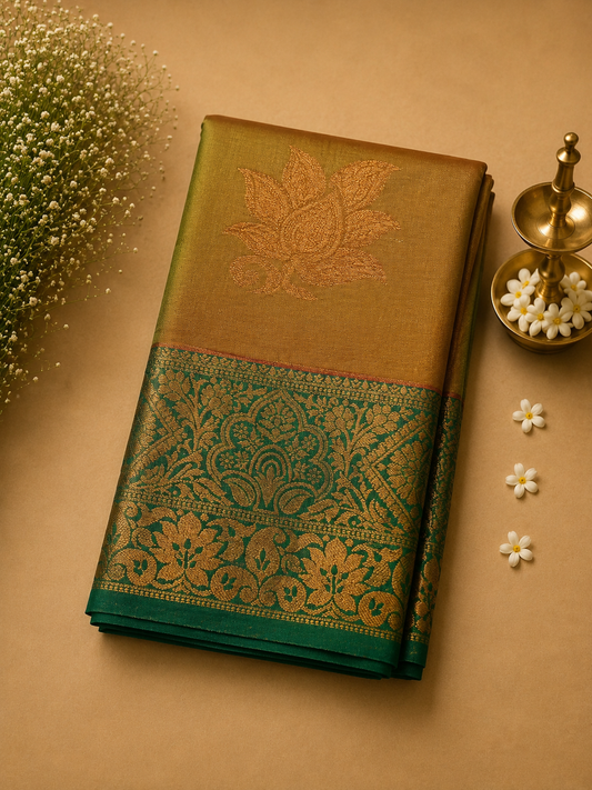 Mustard Gold Soft Pattu Silk Saree with Lotus Motif & Zari Border