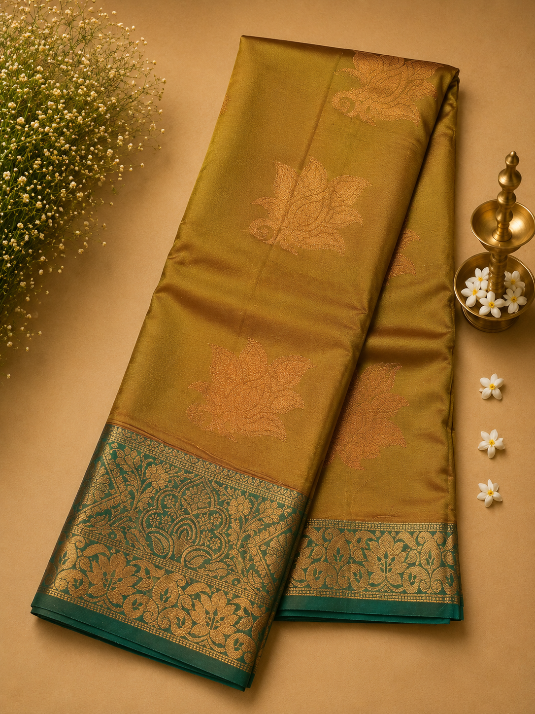 Mustard Gold Soft Pattu Silk Saree with Lotus Motif & Zari Border