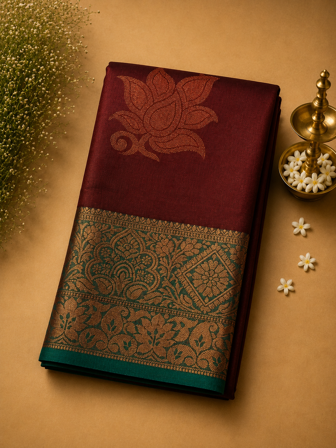 Maroon Soft Pattu Silk Saree with Lotus Motif & Zari Border