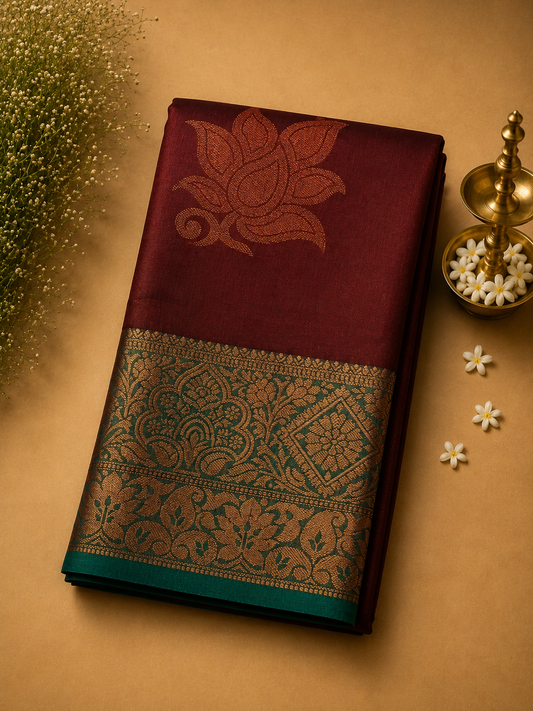 Maroon Soft Pattu Silk Saree with Lotus Motif & Zari Border