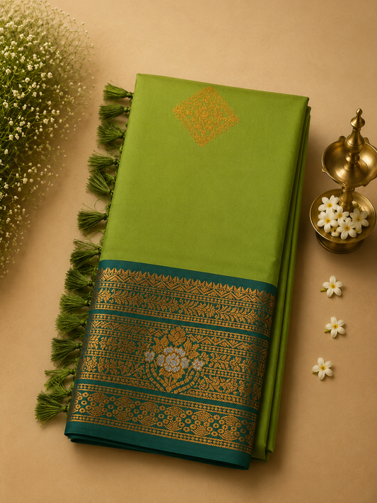 Mint Green Soft Pattu Silk Saree with Floral Zari Border & Blouse