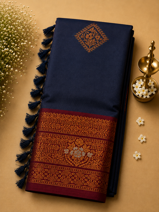 Deep Navy Blue Soft Pattu Silk Saree with Floral Zari Border & Blouse