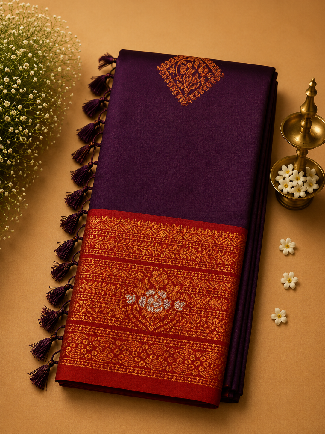 Elegant Purple Soft Pattu Silk Saree with Floral Zari Border & Blouse