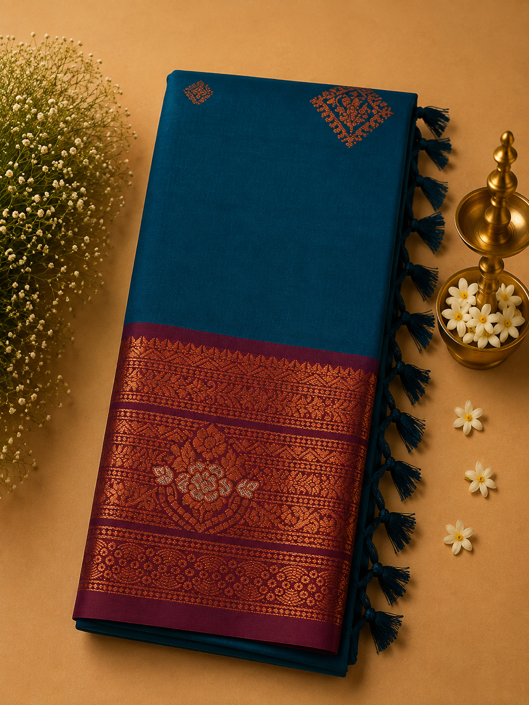Peacock Blue Soft Pattu Silk Saree with Floral Zari Border & Blouse