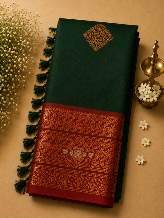 Bottle Green Soft Pattu Silk Saree with Floral Zari Border & Blouse