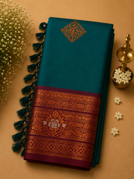 Teal Blue Soft Pattu Silk Saree with Floral Zari Border & Blouse