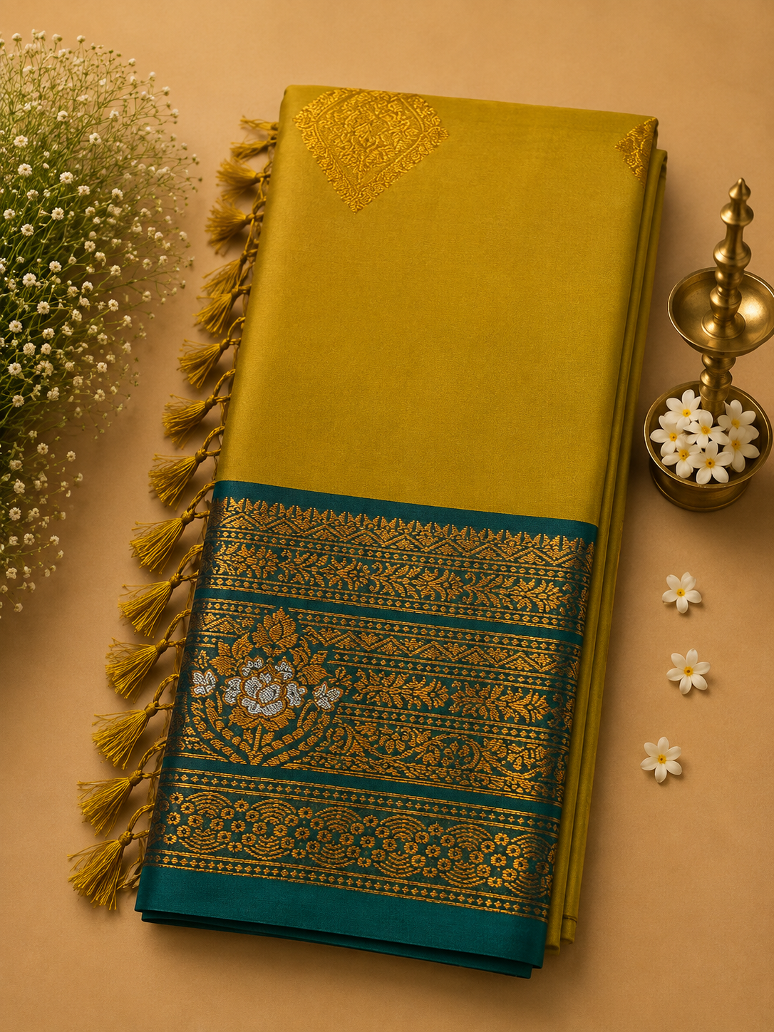 Beige Gold Soft Pattu Silk Saree with Floral Zari Border & Blouse