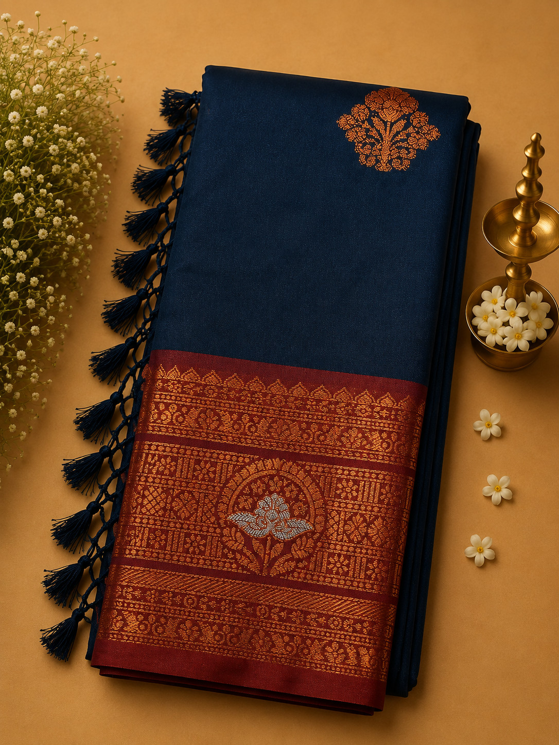 Navy Blue Soft Gayatri Silk Saree with Floral Zari Border & Blouse