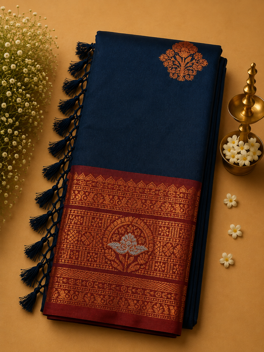 Navy Blue Soft Gayatri Silk Saree with Floral Zari Border & Blouse
