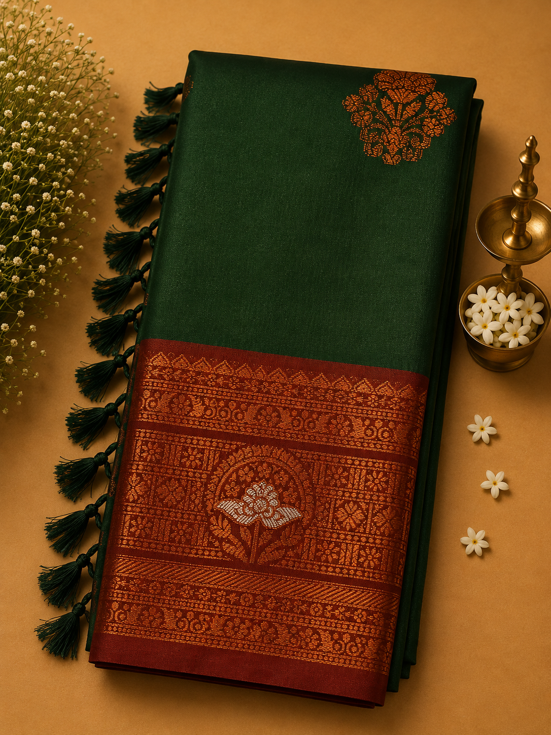 Bottle Green Soft Gayatri Silk Saree with Floral Zari Border & Blouse
