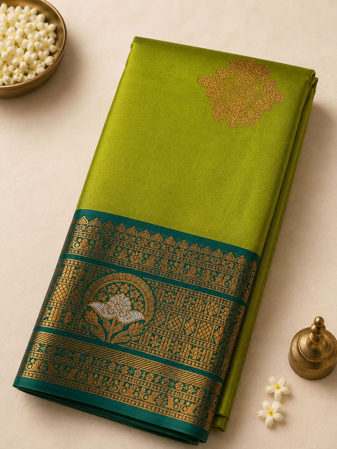 Parrot Green Soft Gayatri Silk Saree with Floral Zari Border & Blouse