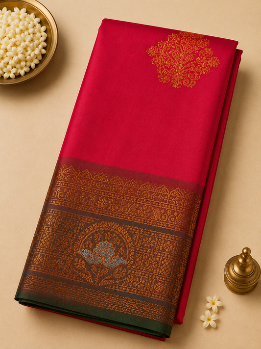 Rani Pink Soft Gayatri Silk Saree with Floral Zari Border & Blouse