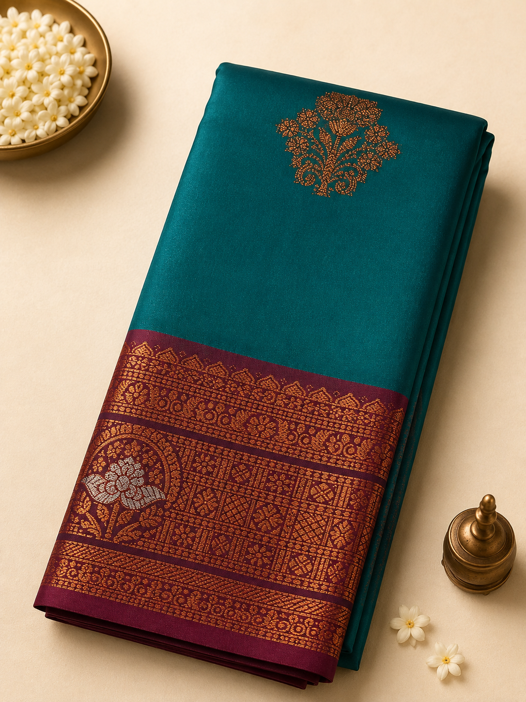 Peacock Blue Soft Gayatri Silk Saree with Floral Zari Border & Blouse