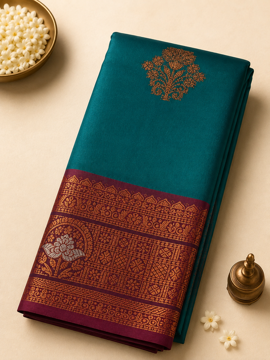 Peacock Blue Soft Gayatri Silk Saree with Floral Zari Border & Blouse