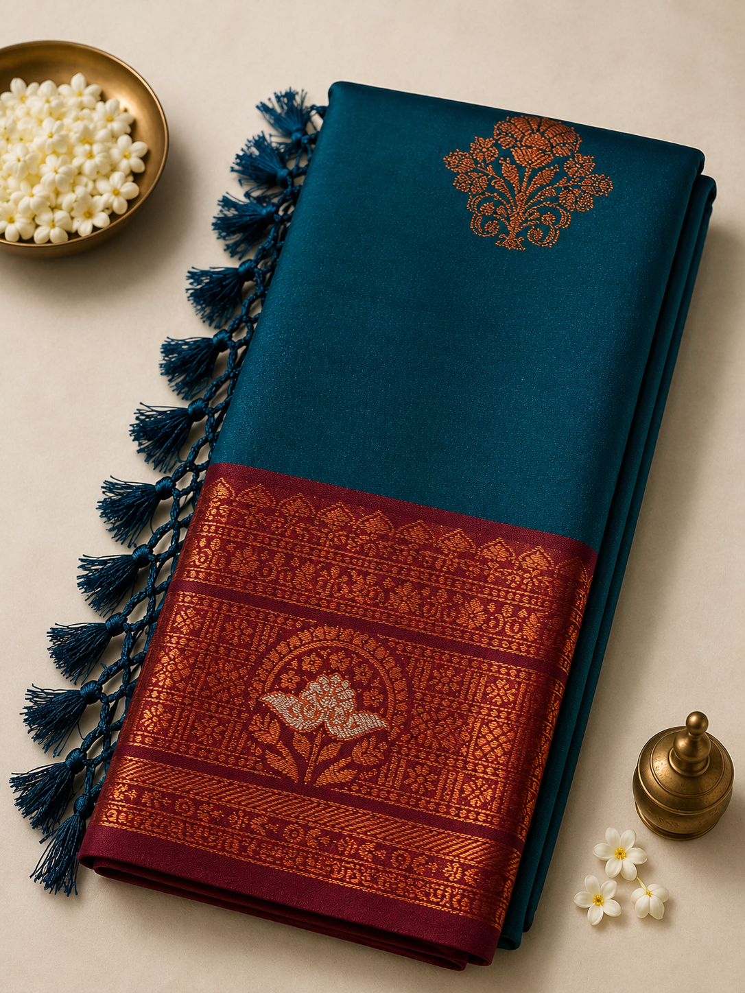 Teal Blue Soft Gayatri Silk Saree with Floral Zari Border & Blouse