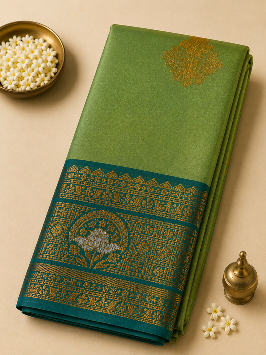 Mint Green Soft Gayatri Silk Saree with Floral Zari Border & Blouse