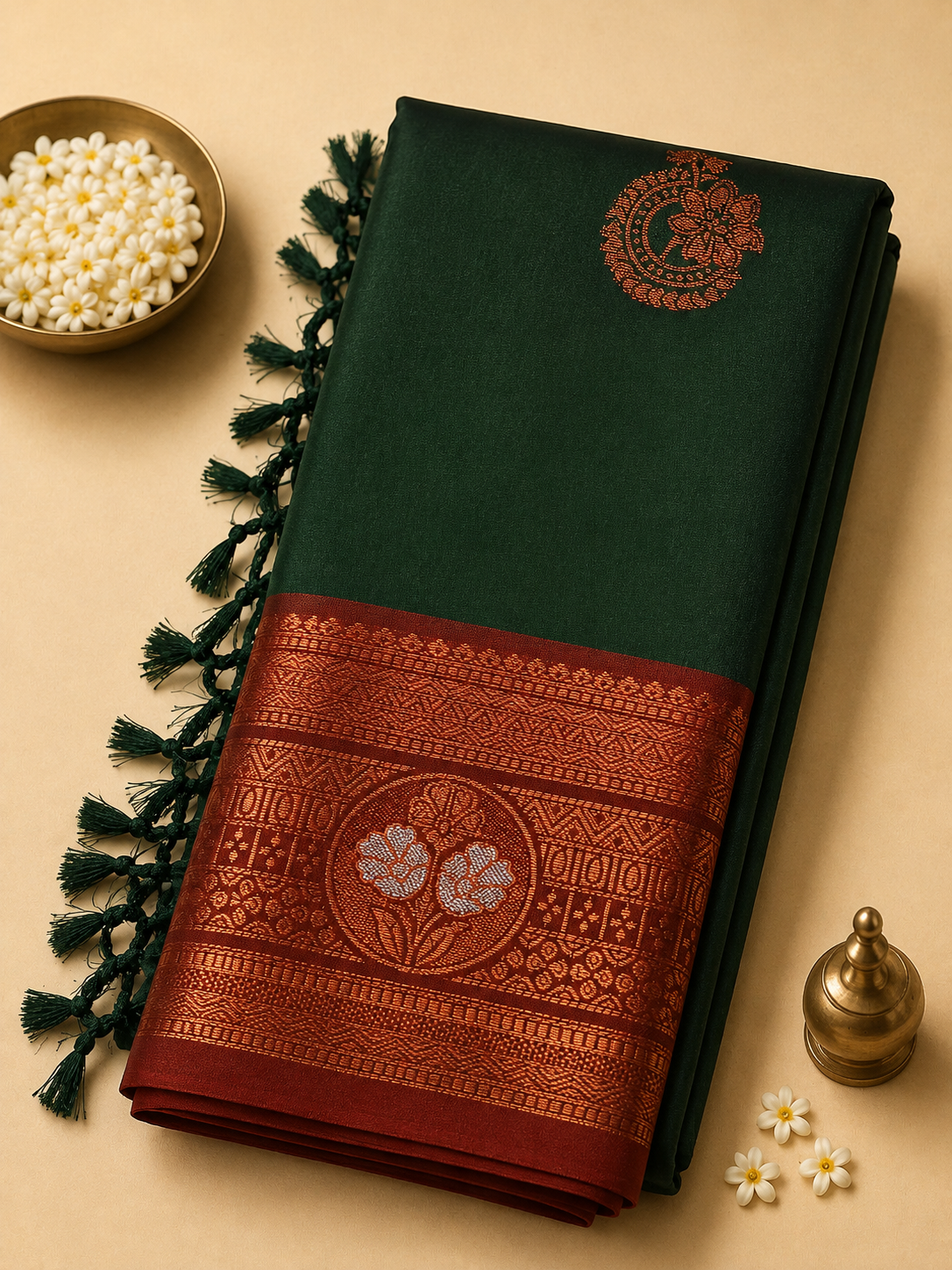 Bottle Green Gayatri Silk Saree with Floral Zari Border & Blouse