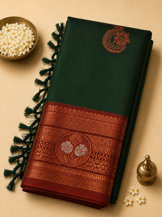 Bottle Green Gayatri Silk Saree with Floral Zari Border & Blouse