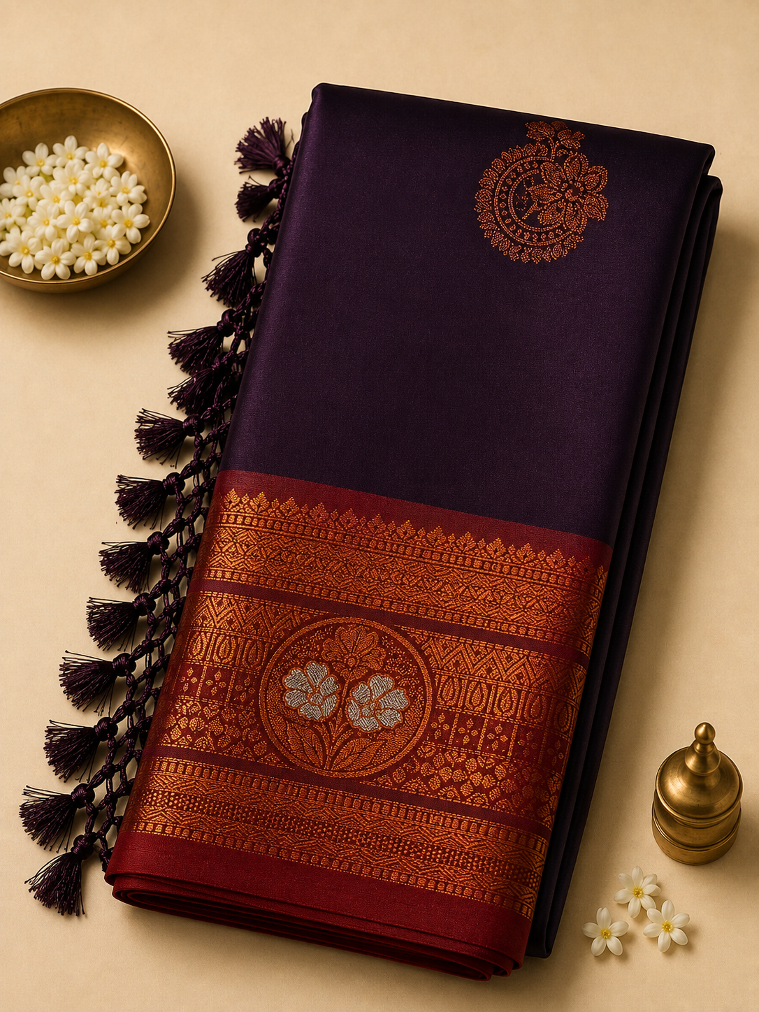 Deep Purple Gayatri Silk Saree with Floral Zari Border & Blouse