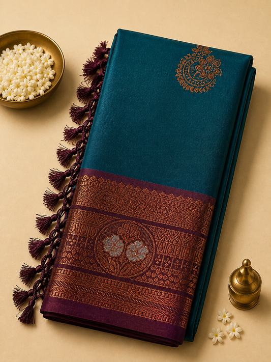 Teal Blue Gayatri Silk Saree with Floral Zari Border & Blouse