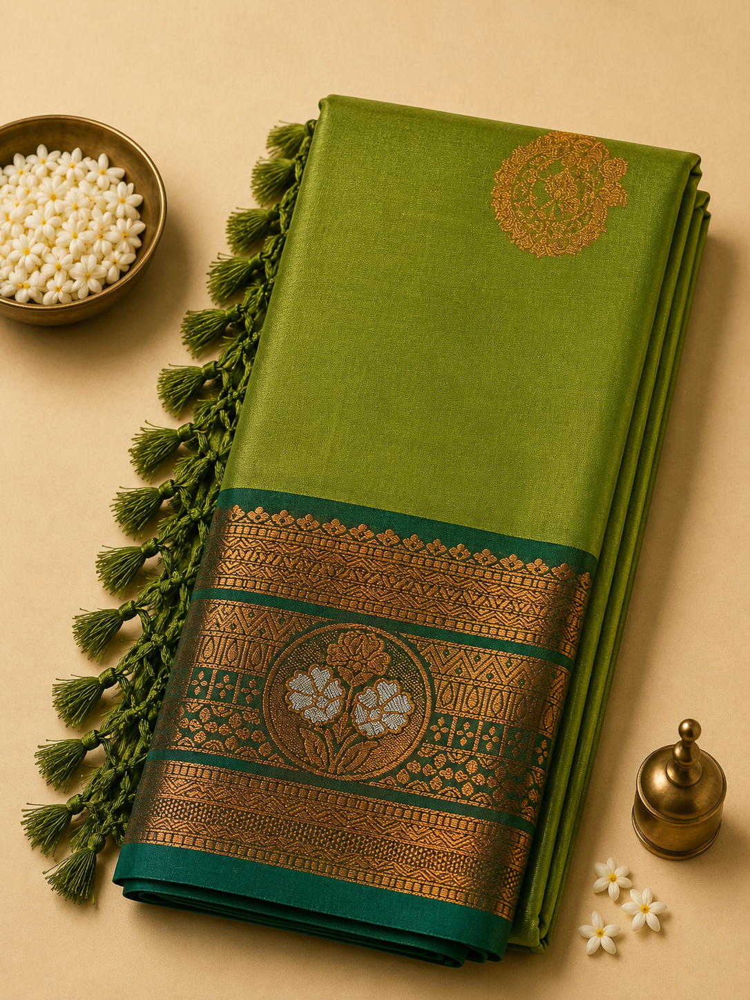 Parrot Green Gayatri Silk Saree with Floral Zari Border & Blouse