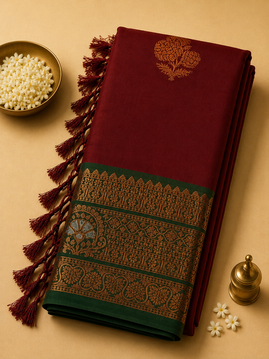 Maroon Gayatri Silk Saree with Traditional Zari Border & Blouse