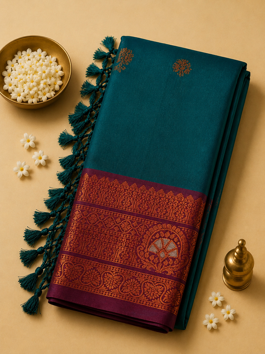 Teal Blue Gayatri Silk Saree with Traditional Zari Border & Blouse
