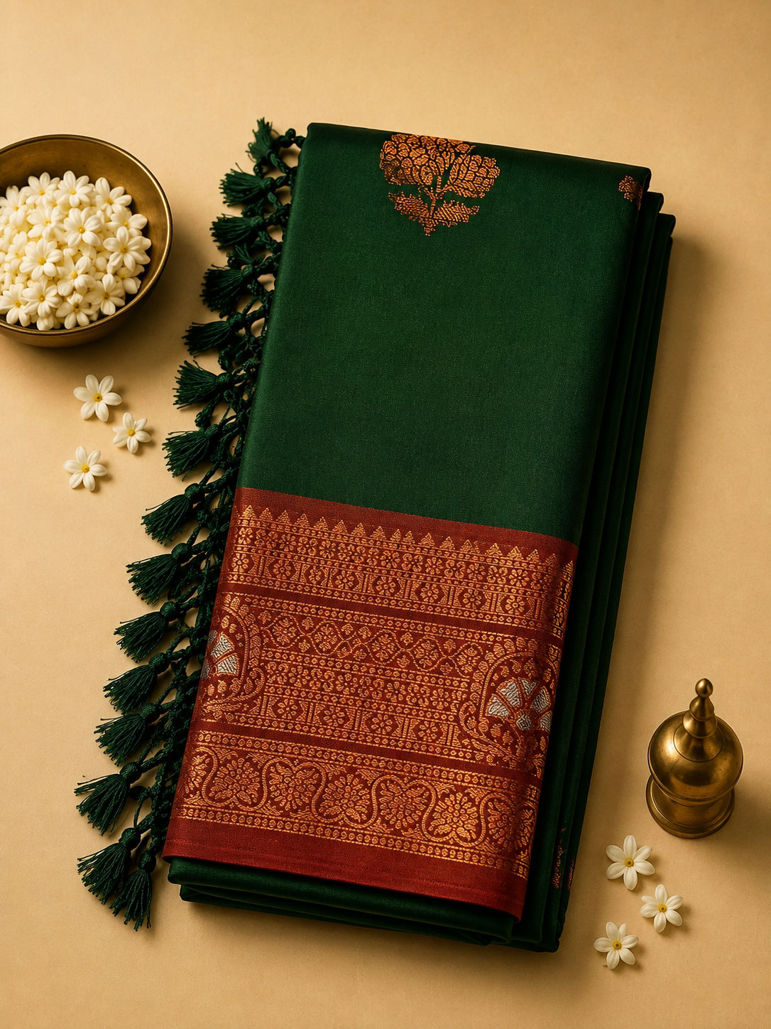 Bottle Green Gayatri Silk Saree with Traditional Zari Border & Blouse