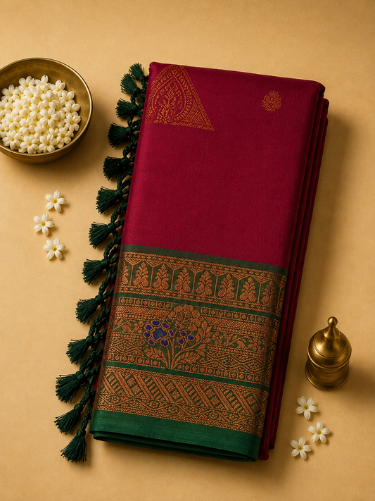 Wine Pink Gayatri Silk Saree with Traditional Zari Border & Blouse