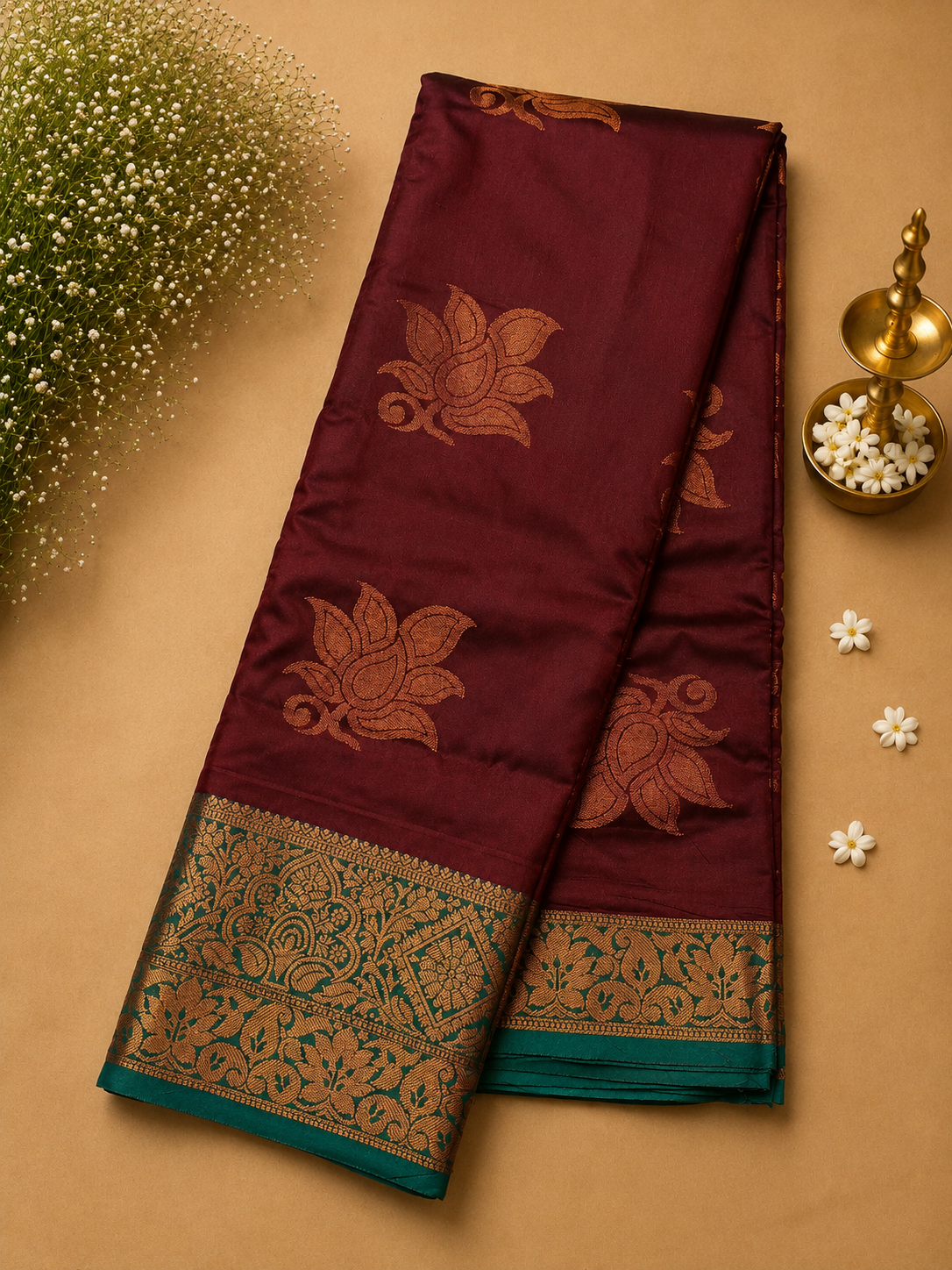 Maroon Soft Pattu Silk Saree with Lotus Motif & Zari Border