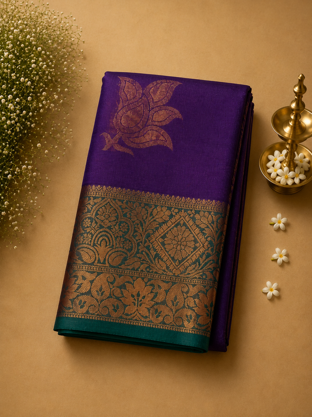 Royal Purple Soft Pattu Silk Saree with Lotus Motif & Zari Border