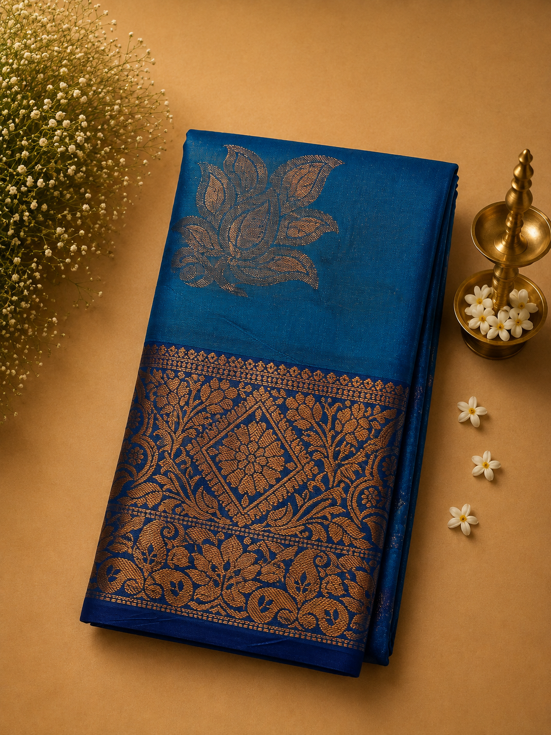 Turquoise Blue Soft Pattu Silk Saree with Lotus Motif & Zari Border