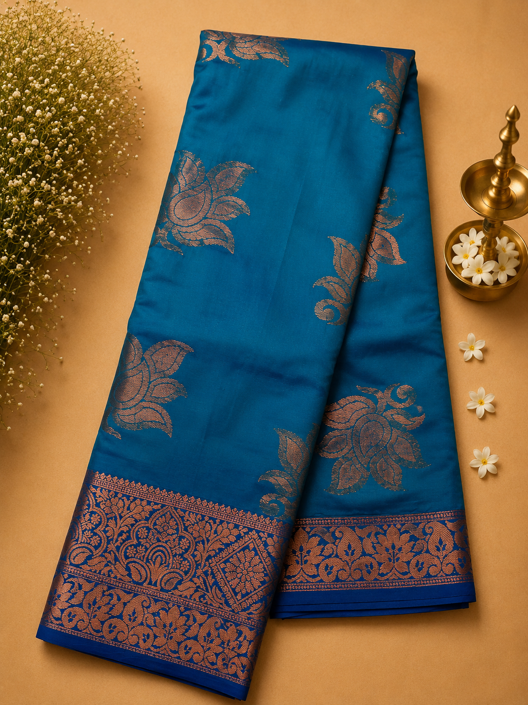Turquoise Blue Soft Pattu Silk Saree with Lotus Motif & Zari Border