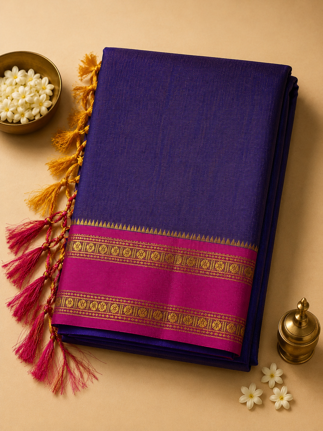 Slate Purple Ilkal Cotton Narayani Saree with Contrast Border & Blouse